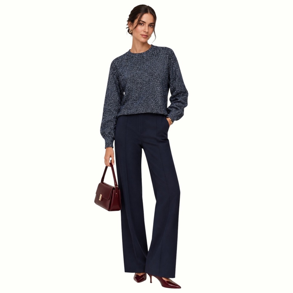 J.Crew Sweater Women Small Metallic Navy Blue Black Shimmer Crewneck Side Slit